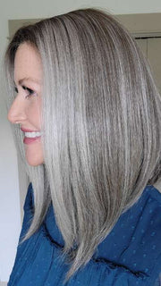 Natalie Gray @vanish.into.thin.hair wearing UNDERCUT BOB by TRESSALLURE in color 52/38/49/R8 | 3 Tones of Grey blended with Dark Brown Roots
