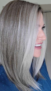 Natalie Gray @vanish.into.thin.hair wearing UNDERCUT BOB by TRESSALLURE in color 52/38/49/R8 | 3 Tones of Grey blended with Dark Brown Roots
