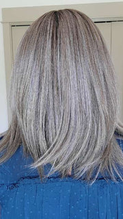 Natalie Gray @vanish.into.thin.hair wearing UNDERCUT BOB by TRESSALLURE in color 52/38/49/R8 | 3 Tones of Grey blended with Dark Brown Roots
