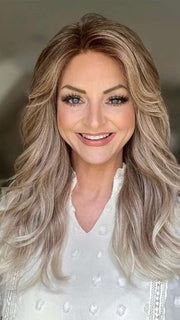 Sandy @i_be_wiggin wearing LYNDON by RENE OF PARIS in color MELTED-MARSHMALLOW | Subtly Warm Dark Sandy Blonde Blend with Medium Brown Roots and Light Ash Blonde Tips and Highlights