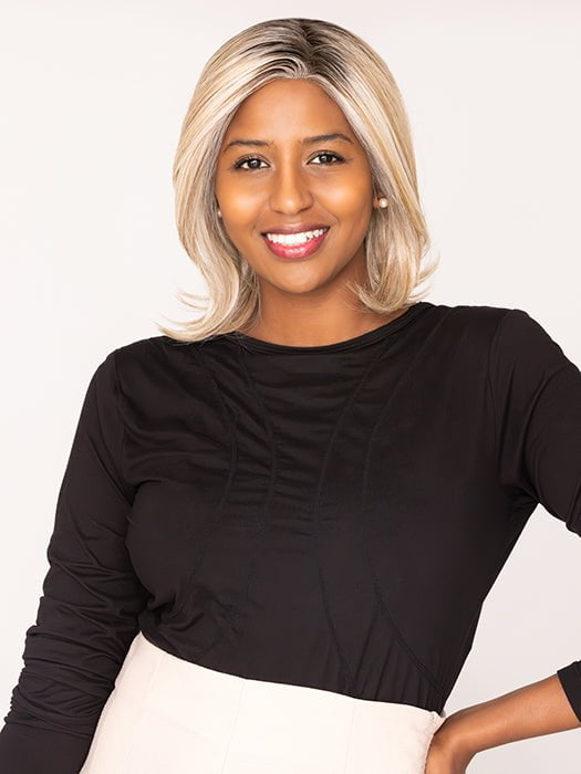 Sophia wearing TAKE A BOW by RAQUEL WELCH in RL19/23SS SHADED BISCUIT | Light Ash Blonde Evenly Blended with Cool Platinum Blonde with Dark Roots