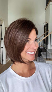 Katy C. @thewigeducator wearing MUSE by ELLEN WILLE in color DARK CHOCOLATE MIX 4.33.6 | Darkest Brown, Dark Auburn and Dark Brown Blend
