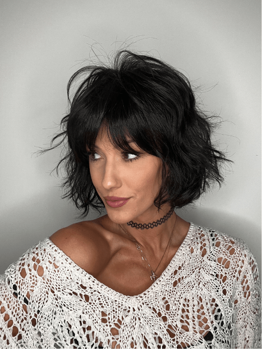 Jenna Fail @jenna_fail wearing BREEZY WAVE CUT by HAIRDO in color R4 MIDNIGHT BROWN | Darkest Brown