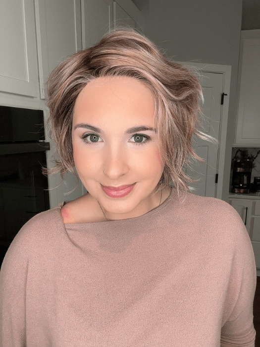 Danielle Sells @wighair_dontcare wearing CITY ROAST by BELLETRESS in color BRITISH MILKTEA | Dark Blonde and Light Brown Blend with a Medium to Darker Root