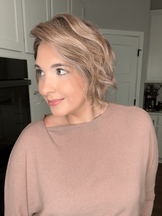 Danielle Sells @wighair_dontcare wearing CITY ROAST by BELLETRESS in color BRITISH MILKTEA | Dark Blonde and Light Brown Blend with a Medium to Darker Root