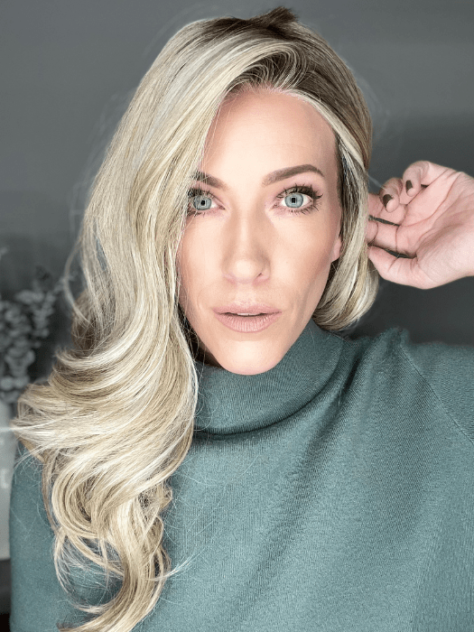 Kristyna Moore @kristynamoore wearing STATEMENT STYLE by RAQUEL WELCH WIGS in color RL19/23SS SS BISCUIT | Light Ash Blonde Evenly Blended with Cool Platinum Blonde with Dark Roots 