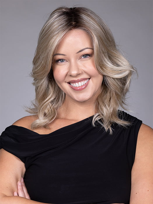 Model is wearing ANNA by BELLETRESS in color BUTTERBEER R | Dark Brown Base and Root that transitions smoothly into a buttery blonde, infused with creamy honey and toffee tones