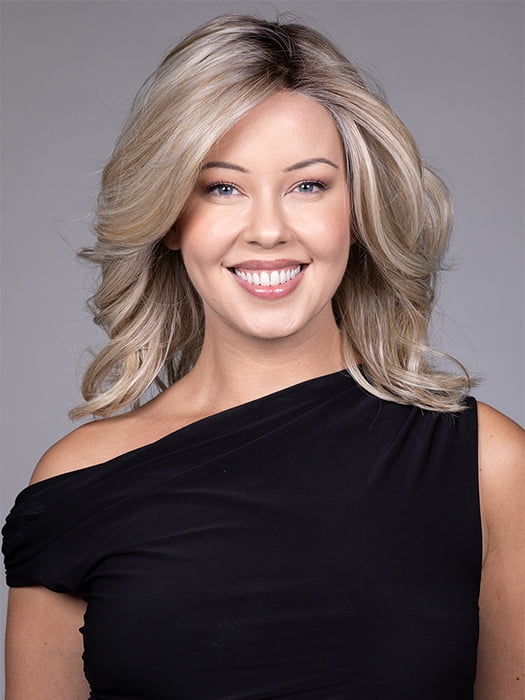 Model is wearing ANNA by BELLETRESS in color BUTTERBEER R | Dark Brown Base and Root that transitions smoothly into a buttery blonde, infused with creamy honey and toffee tones