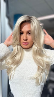 Roxie wearing ANGELICA by Noriko in CHAMPAGNE R| Rooted Dark with Platinum Blonde