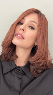 Roxie wearing APPEAL by ELLEN WILLE in WINE RED ROOTED | Dark Auburn ,blended with Fox red and Dark espresso Brown