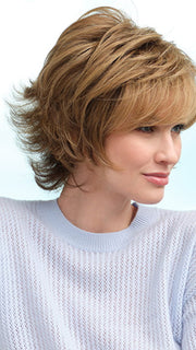ARIA by ENVY in color TOASTED SESAME | Medium Brown roots with overall Warm Cinnamon base and Golden Blonde highlights