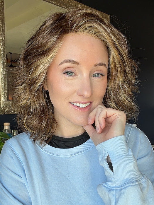 Carlyn @carlynwilson84 wearing ARLO by ESTETICA in color R8/26H | Golden Brown w/Golden Blonde Highlights