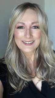 Tanya @ home wearing ARROW by ELLEN WILLE in SAND MULTI ROOTED | Lightest Brown and Medium Ash Blonde Blend with Light Brown Roots