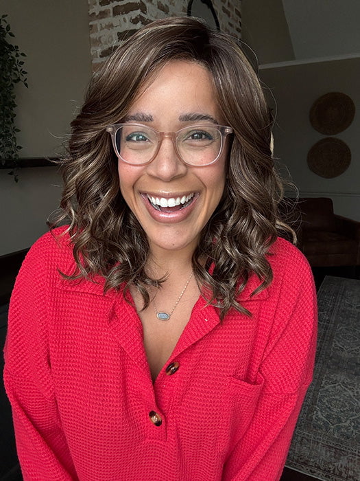 Brea @getwiggywithbrea wearing AVALON by ESTETICA in shade CKISSRT4 | Golden Brown with Copper Blonde Highlights and Dark Brown Roots