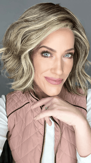 Kristyna Moore @kristynamoore wearing UNFILTERED by RAQUEL WELCH WIGS in color RL12/22SS SHADED CAPPUCCINO | Light Golden Brown Evenly Blended with Cool Platinum Blonde Highlights with Dark Roots