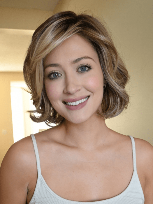 Steph @wigswithsteph wearing CROWD PLEASER by RAQUEL WELCH WIGS in color RL12/22SS SHADED CAPPUCCINO | Light Golden Brown Evenly Blended with Cool Platinum Blonde Highlights and Dark Roots