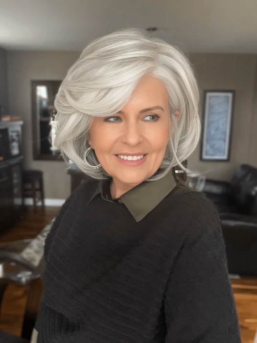 Donna @style.me.ageless wearing IN CHARGE by RAQUEL WELCH WIGS in color RL51/61 ICED GRANITA | Lightest Grey Progresses to a Deep Grey at the Nape FB MAIN IMAGE