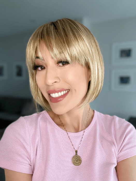 Tirzah Cooper @tirzahmay wearing TORI by RENE OF PARIS in color CREAMY-TOFFEE-R | Light Platinum Blonde and Light Honey Blonde evenly blended with dark roots