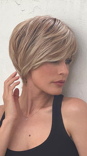 Roxie wearing color GF14-22SS WHEAT | Dark Blonde Evenly Blended with Platinum Blonde with Dark Roots