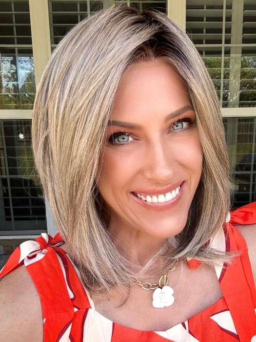 Kristyna Moore @kristynamoore wearing PRETTY PLEASE by RAQUEL WELCH  in color RL17/23SS ICED LATTE MACCHIATO | Honey Blonde shaded with Cool Blonde with Dark Roots