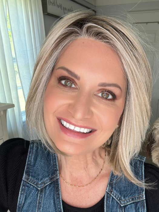 Emily H. @she_sheds_more wearing PORTRAIT MODE by RAQUEL WELCH in shade RL19/23SS SHADED BISCUIT | Light Ash Blonde Evenly Blended with Cool Platinum Blonde with Dark Roots