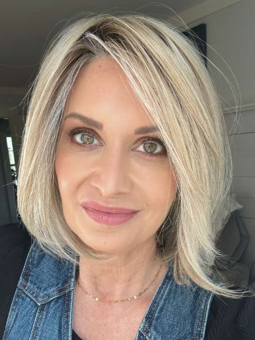 Emily H. @she_sheds_more wearing PORTRAIT MODE by RAQUEL WELCH in shade RL19/23SS SHADED BISCUIT | Light Ash Blonde Evenly Blended with Cool Platinum Blonde with Dark Roots