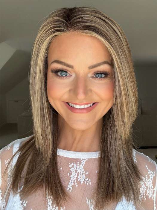 Sandy @i_be_wiggin wearing FORTE by BELLE TRESS in color BROWN SUGAR COOKIE R | The roots are a Rich Brown Tone that seamlessly transitions into a Warm, Golden-Brown base. Delicate highlights in honey and toffee tones add dimension