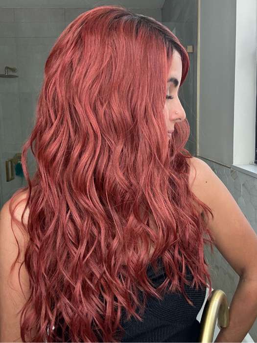 Lorena @faux.hurr.lifee wearing BROOKLYN by RENE OF PARIS in shade HENNA-RED-R | Bright and Vibrant Red with Cherry Undertones, Rooted with Rich Coffee Bean Brown 
