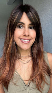 Lorena @faux.hurr.lifee wearing CAMILLA by JON RENAU in shade S4-28/32RO SUNRISE | Dark Brown roots to midlength, Light Natural Red Blonde with Medium Natural Red midlength to ends 