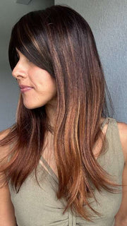 Lorena @faux.hurr.lifee wearing CAMILLA by JON RENAU in shade S4-28/32RO SUNRISE | Dark Brown roots to midlength, Light Natural Red Blonde with Medium Natural Red midlength to ends 