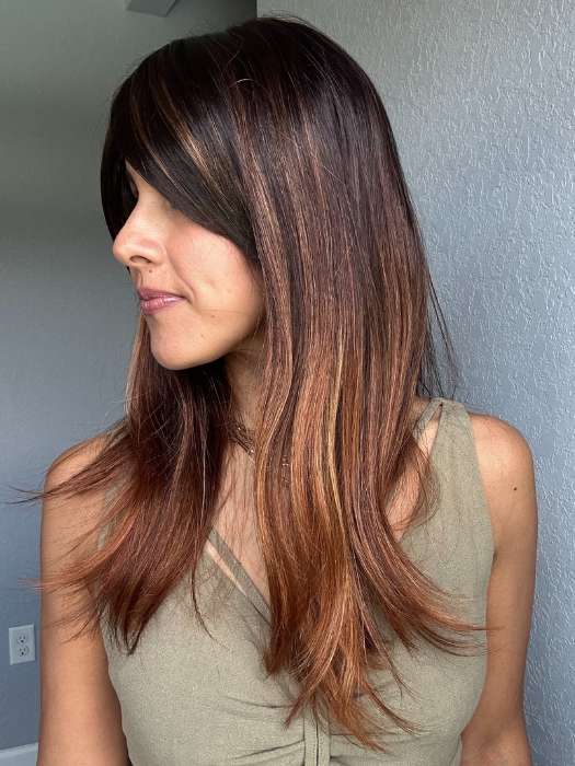 Lorena @faux.hurr.lifee wearing CAMILLA by JON RENAU in shade S4-28/32RO SUNRISE | Dark Brown roots to midlength, Light Natural Red Blonde with Medium Natural Red midlength to ends 