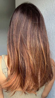 Lorena @faux.hurr.lifee wearing CAMILLA by JON RENAU in shade S4-28/32RO SUNRISE | Dark Brown roots to midlength, Light Natural Red Blonde with Medium Natural Red midlength to ends 