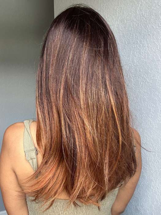 Lorena @faux.hurr.lifee wearing CAMILLA by JON RENAU in shade S4-28/32RO SUNRISE | Dark Brown roots to midlength, Light Natural Red Blonde with Medium Natural Red midlength to ends 