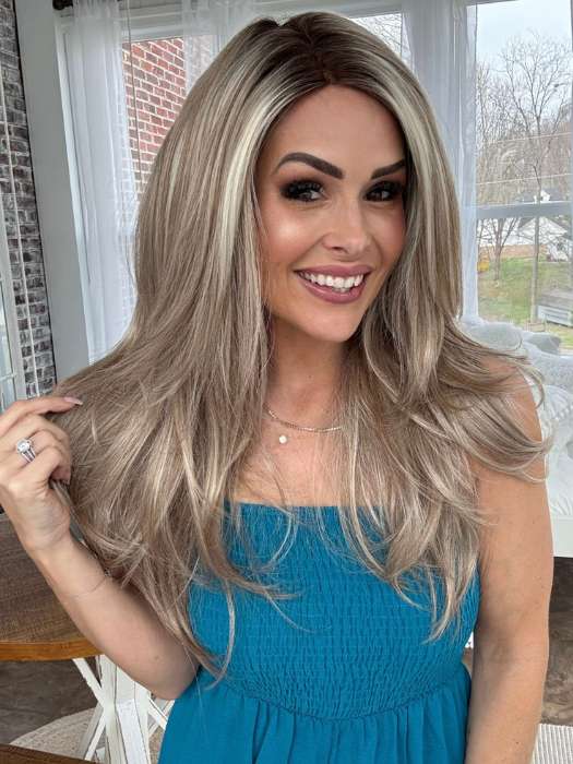 Crystal @crystallhoneycutt wearing ANGELICA PM by NORIKO in shade ARABIAN SAND™ | Neutral Chocolate Brown Roots fade into a Neutral Blonde Base, blended with Sandy, Chestnut, Golden, and Honey Blondes, with Soft Creamy Blonde Highlights and Face-Framing Lowlights