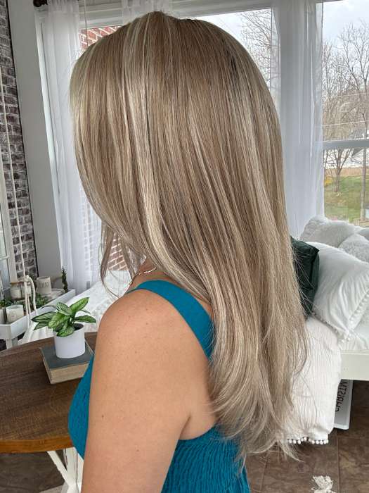 Crystal @crystallhoneycutt wearing ANGELICA PM by NORIKO in shade ARABIAN SAND™ | Neutral Chocolate Brown Roots fade into a Neutral Blonde Base, blended with Sandy, Chestnut, Golden, and Honey Blondes, with Soft Creamy Blonde Highlights and Face-Framing Lowlights