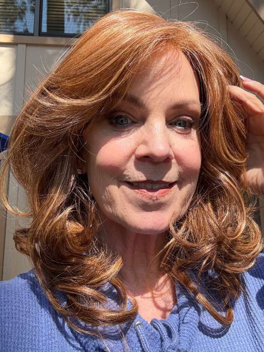 Susan @an_affair_with_hair wearing CURVE APPEAL by RAQUEL WELCH in color RL30/27 RUSTY AUBURN | Medium Auburn Evenly Blended with Strawberry Blonde