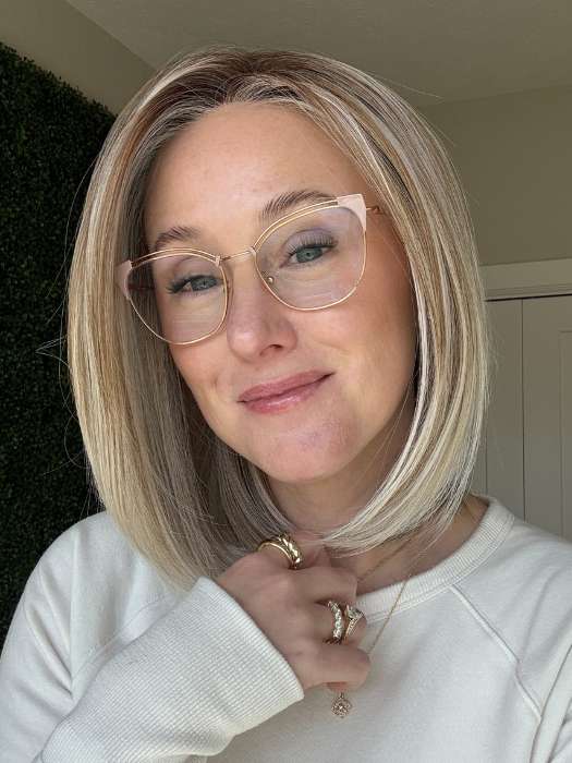 Carlyn @carlynwilson84 wearing CRUISE CONTROL by RAQUEL WELCH in color RL19/23SS SHADED BISCUIT | Light Ash Blonde Evenly Blended with Cool Platinum Blonde with Dark Roots 