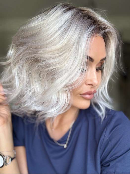 Crystal @crystallhoneycutt wearing Mila by Ellen Wille in shade ICE BLONDE LIGHTED 60.1001.101 | Pearl White, Winter White, and Pearl Platinum Blend with Highlights throughout and Concentrated in the front