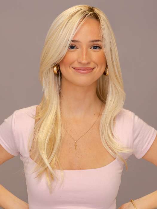 Model is wearing LOCKLAN by ESTETICA in shade SPF BLONDE | Golden Blonde, Pale Blonde, Iced Blonde Blended with Soft Brown Roots