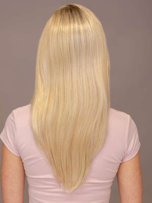 Model is wearing LOCKLAN by ESTETICA in shade SPF BLONDE | Golden Blonde, Pale Blonde, Iced Blonde Blended with Soft Brown Roots