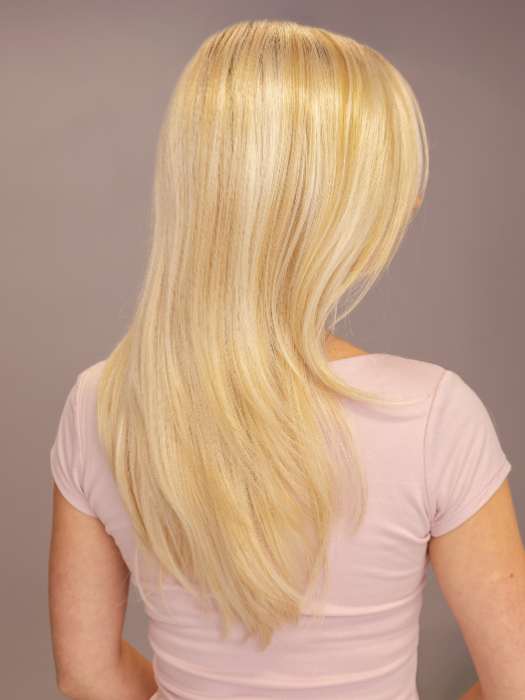 Model is wearing LOCKLAN by ESTETICA in shade SPF BLONDE | Golden Blonde, Pale Blonde, Iced Blonde Blended with Soft Brown Roots