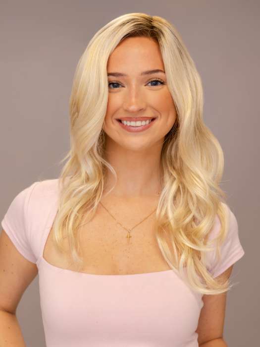 Model is wearing BLAZE by ESTETICA in shade SPF BLONDE | Golden Blonde, Pale Blonde, Iced Blonde Blended with Soft Brown Roots