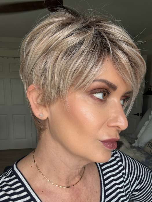 Emily H. @she_sheds_more wearing LINK by ELLEN WILLE in color PEARL BLONDE ROOTED 101.20.23 | Pearl Platinum, Dark Ash Blonde, and Medium Honey Blonde mix