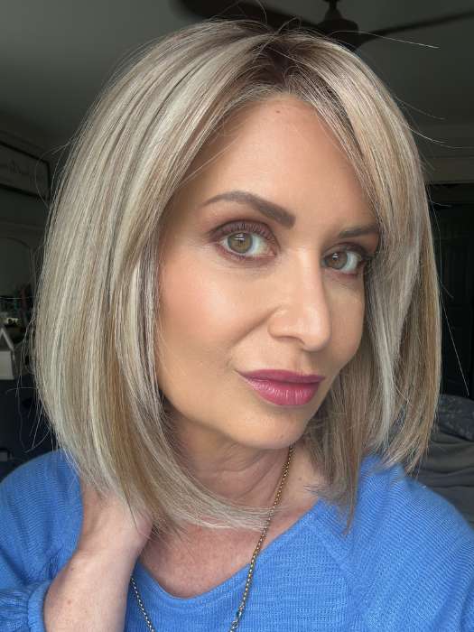 Emily H. @she_sheds_more wearing STRAIGHT TO CAMERA by RAQUEL WELCH in color RL19/23SS SHADED BISCUIT | Light Ash Blonde Evenly Blended with Cool Platinum Blonde with Dark Roots