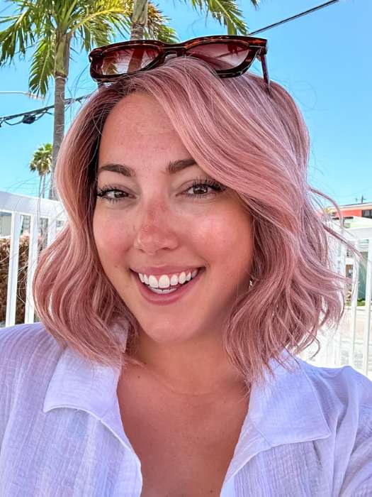 Jen Brown @being_mrs_brown wearing NYX by RENE OF PARIS in color WATERMELON-R | Rich Pastel Pink Base with Subtle Soft Reddish Tone and Soft Dark Brown Roots