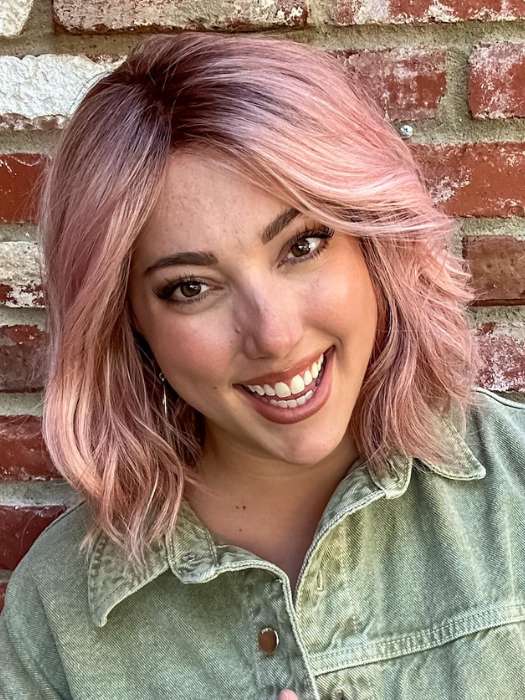 Jen Brown @being_mrs_brown wearing NYX by RENE OF PARIS in color WATERMELON-R | Rich Pastel Pink Base with Subtle Soft Reddish Tone and Soft Dark Brown Roots