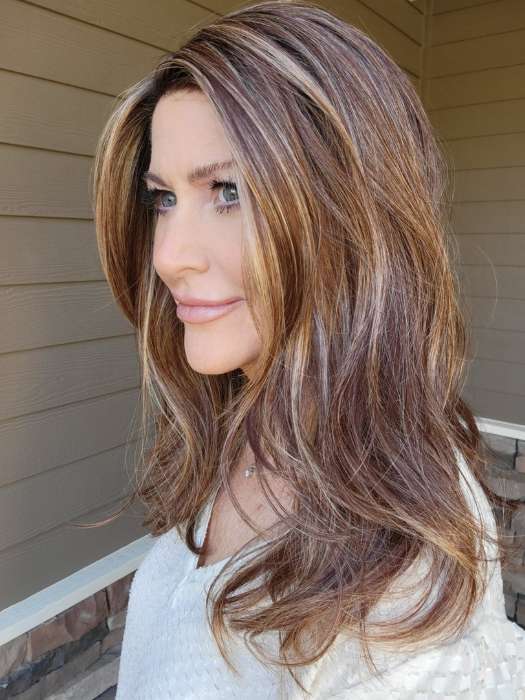 Natalie Gray @vanish.into.thin.hair wearing LEONI by RENE OF PARIS in color CARAMEL SWIRL | A blend of Warm Caramel, Chocolate Brown, Honey-Toned Blonde with Brown Roots