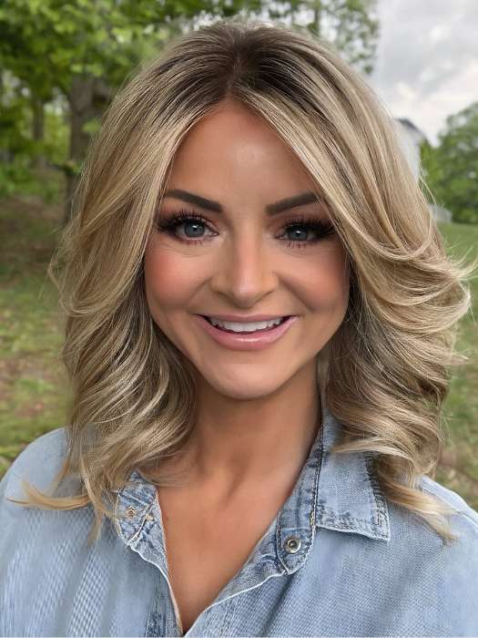 Sandy @i_be_wiggin wearing AURORA by Jon Renau in shade 22F16S8 VENICE BLONDE | Light Ash Blonde and Light Natural Blonde Blend Shaded with Medium Brown
