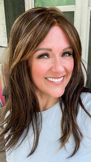 Marcie Mertz @wig.obsessed wearing CAMILLA by JON RENAU in shade 6F27 CARAMEL RIBBON | Brown with Light Red-Gold Blonde Highlights & Tips