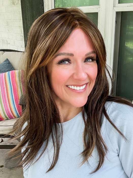 Marcie Mertz @wig.obsessed wearing CAMILLA by JON RENAU in shade 6F27 CARAMEL RIBBON | Brown with Light Red-Gold Blonde Highlights & Tips